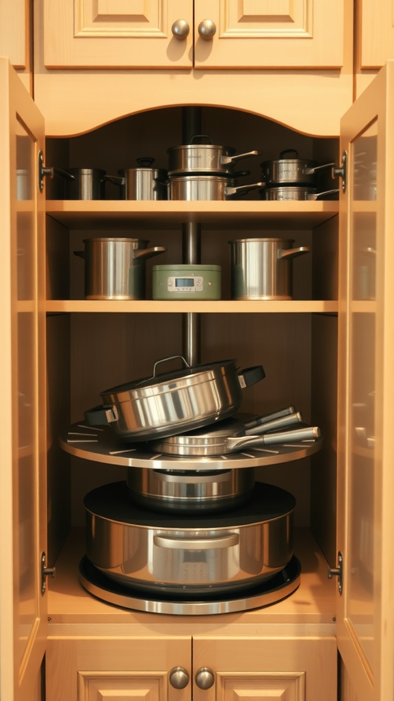 A kitchen cabinet with a lazy Susan containing pots and pans for organized storage.