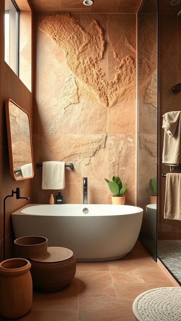 A bathroom featuring organic red stone elements with a white bathtub and plants for a natural atmosphere.