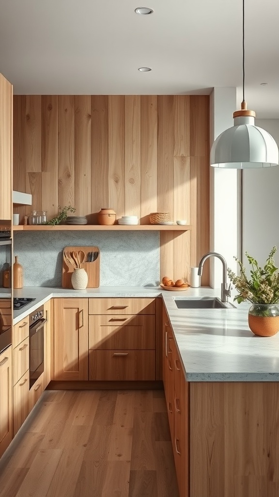A Scandinavian kitchen featuring wooden cabinetry, light stone countertops, and natural decor elements.