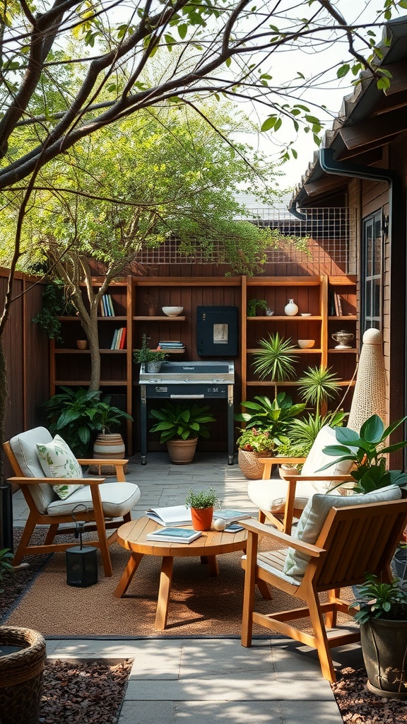A cozy outdoor reading area with comfortable seating, surrounded by plants and bookshelves.