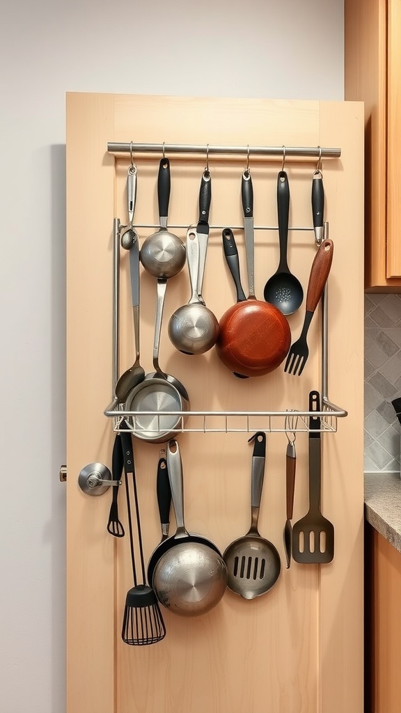 A kitchen door with an over-the-door storage rack holding various kitchen utensils.