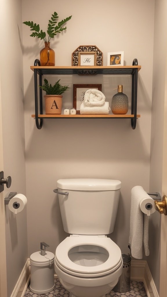 A small bathroom with shelves above the toilet displaying plants, towels, and decorative items.