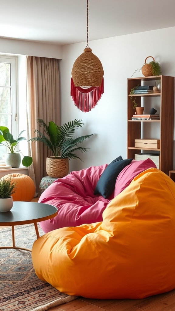 A cozy oversized bean bag chair in a colorful boho living room setting.
