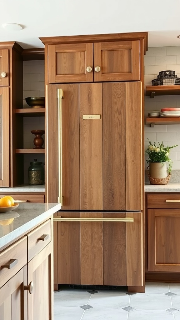A modern farmhouse kitchen featuring an oversized fridge with a natural wood finish, complemented by wooden cabinetry and decorative baskets on top.