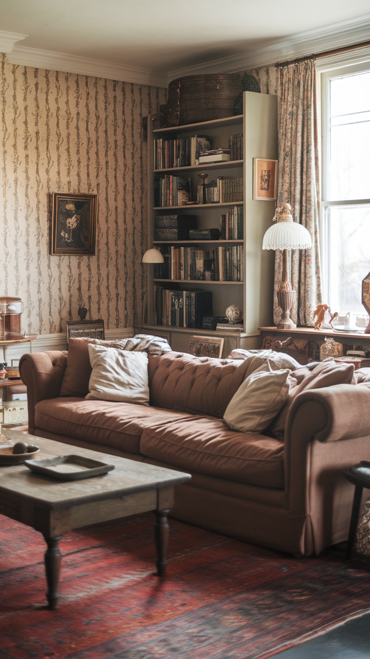 A cozy farmhouse living room featuring an overstuffed sofa with colorful throw pillows, a circular coffee table, and warm decor.