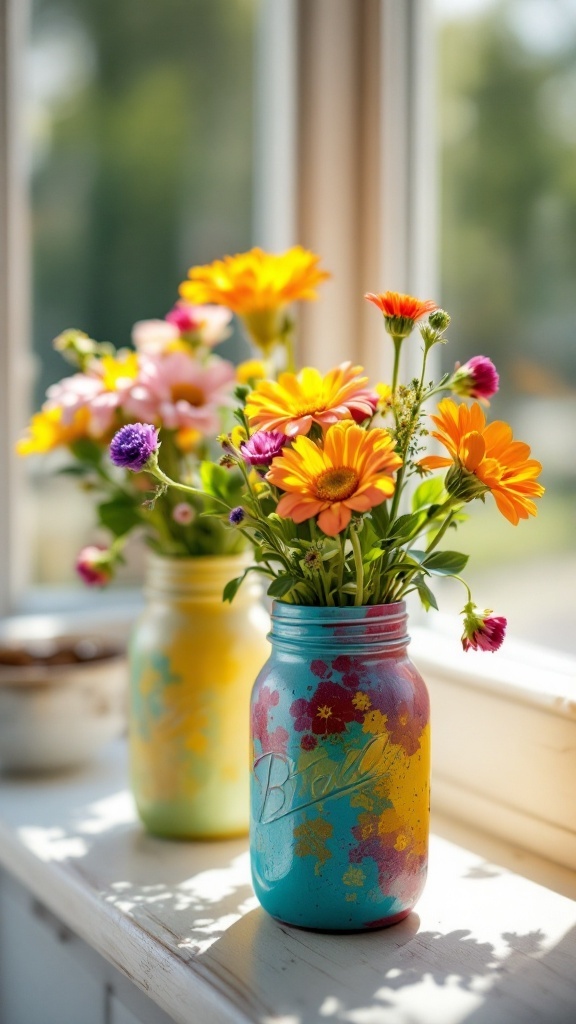 Colorful painted mason jars filled with flowers