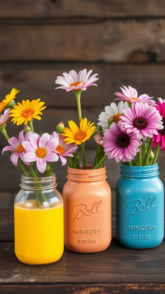 Colorful painted mason jar vases filled with flowers
