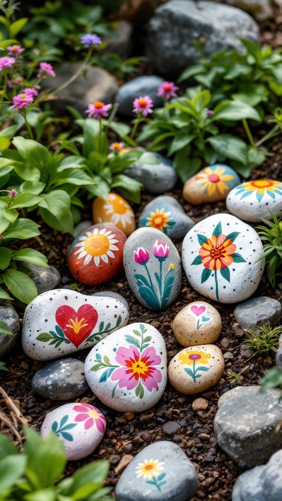 Colorful painted rocks nestled among green plants and flowers in a garden.