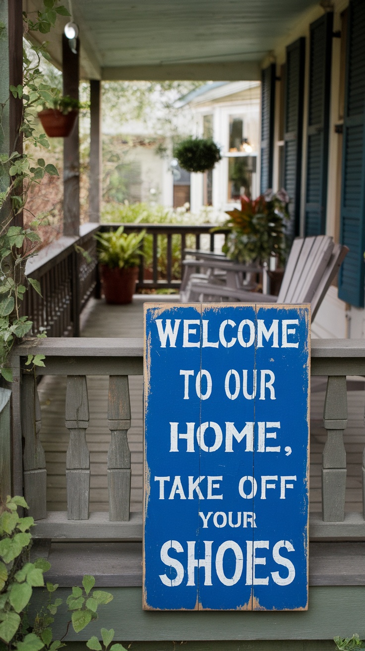 A porch decorated with various painted wooden signs, featuring welcoming phrases and decorative plants.
