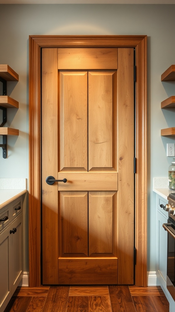 Wooden pantry door with barn-style hardware in a modern farmhouse kitchen.