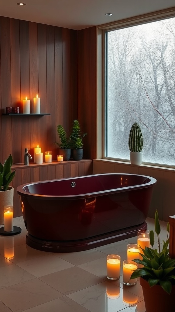 A burgundy bathtub surrounded by candles and plants in a cozy bathroom setting