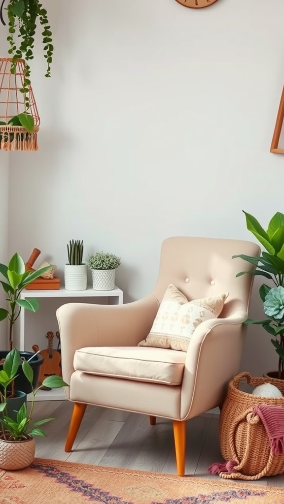 A cozy pastel colored chair with a decorative pillow, surrounded by plants.