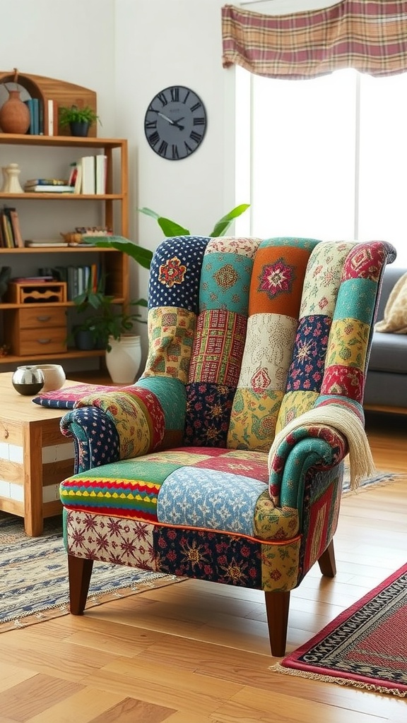 A vibrant patchwork chair in a cozy living room setting