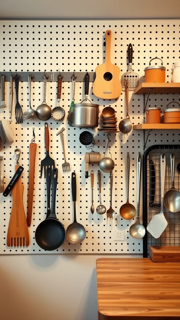 A pegboard displaying various kitchen utensils and tools, organized neatly with hooks.