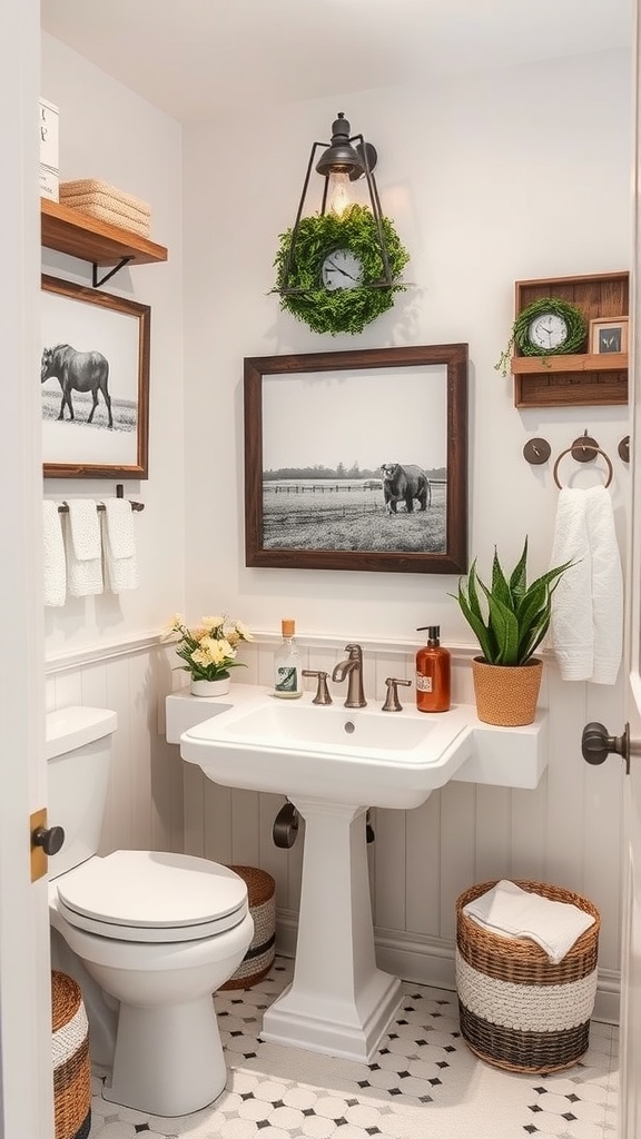 Farmhouse bathroom with artwork and plants