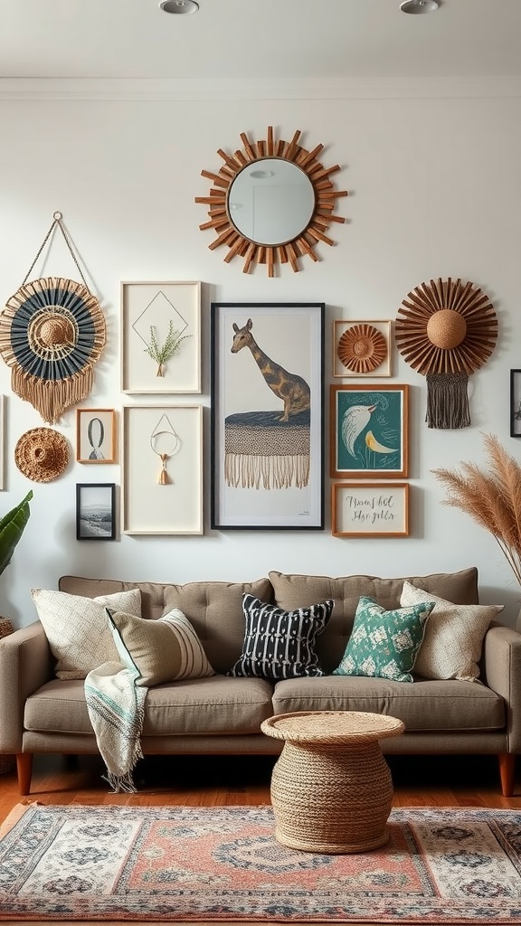 A cozy dark boho living room featuring a mix of framed art and woven decor on the wall, with a comfortable sofa and decorative cushions.