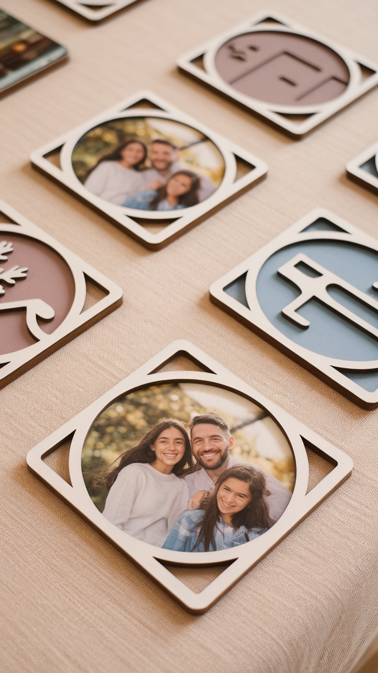 A cozy coffee table setup with personalized coasters featuring family photos and a decorative flower arrangement.