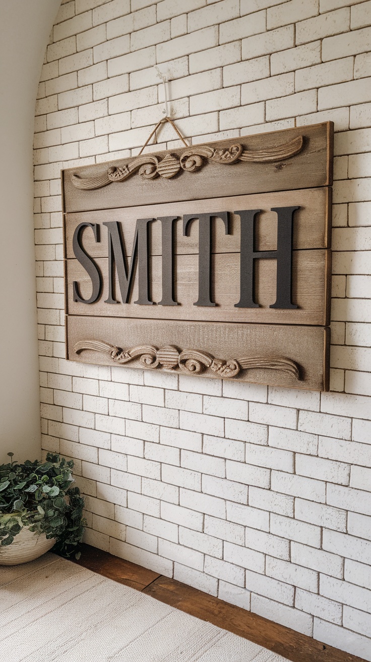 Personalized family name sign with the word 'FAMILY' and a space for custom text, decorated with greenery.
