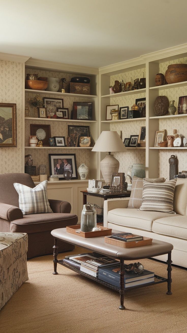 A cozy farmhouse living room with shelves displaying family photos and decorative items.