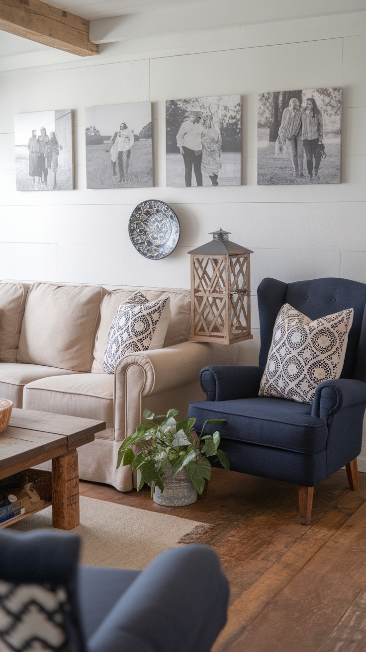 A cozy farmhouse living room with family photos, a central coffee table, and neutral-colored furniture.