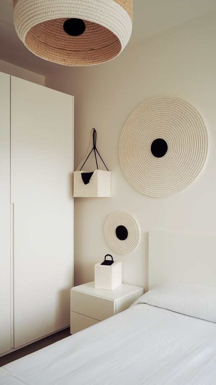 A minimalist bedroom featuring a wooden bed, framed pictures on the wall, and decorative elements that add a personal touch.