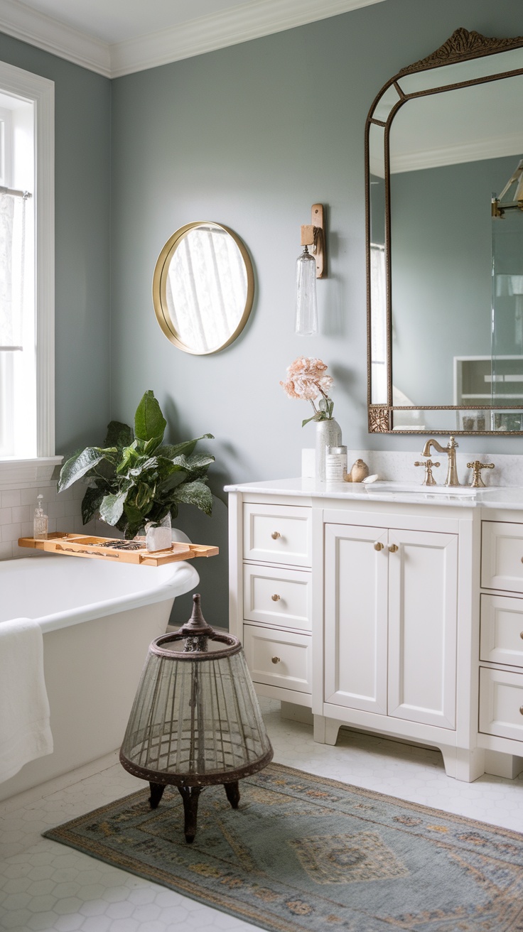 A stylish bathroom with custom decor including framed quotes, a round mirror, and greenery.