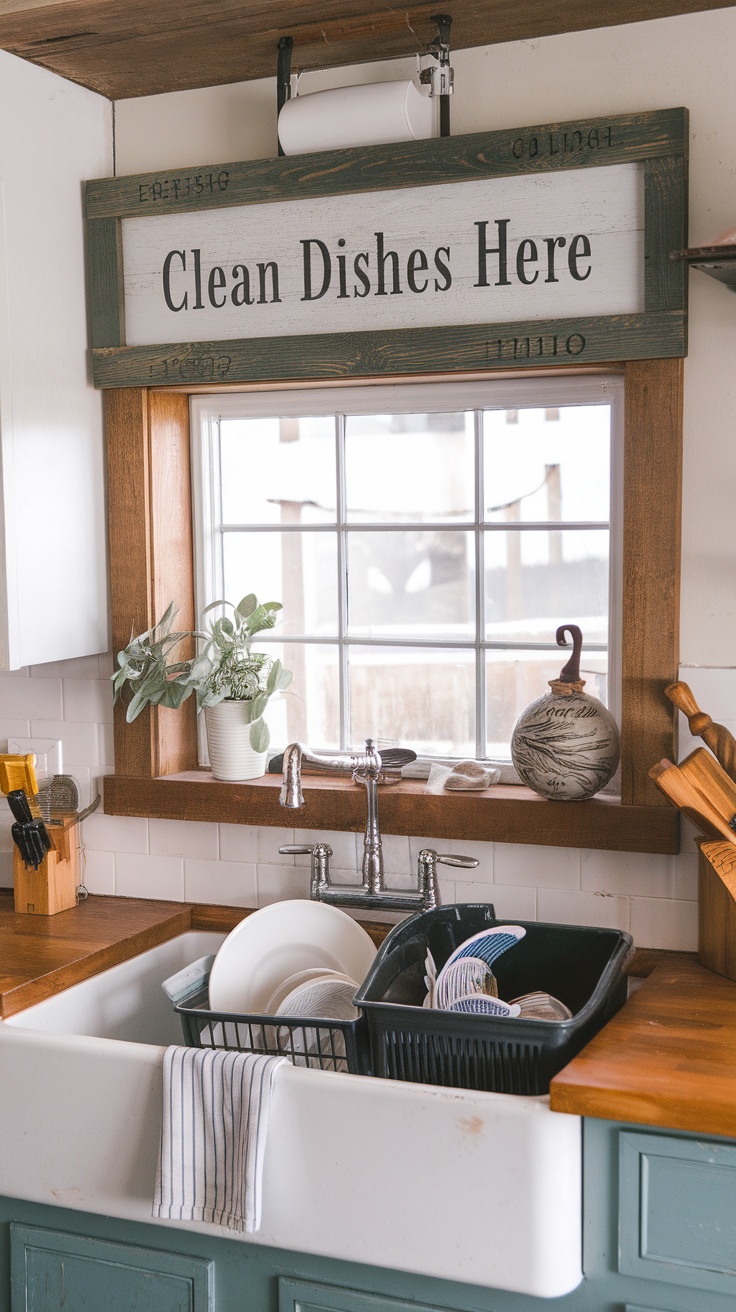 Farmhouse kitchen with wooden custom signage and warm decor.