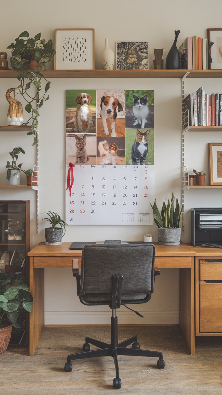 A personalized wall calendar featuring family photos and a simple, stylish design, hanging in a cozy workspace.