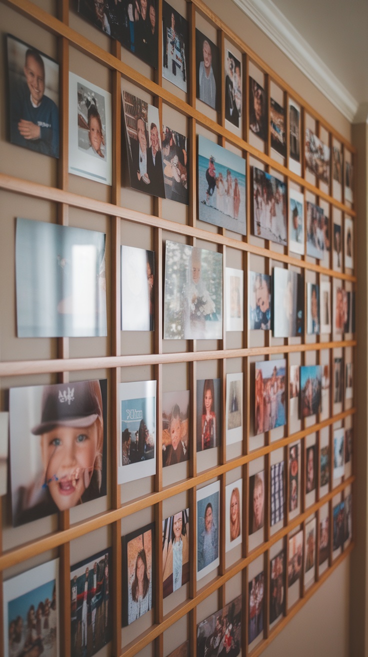 A hallway with a vibrant orange wall featuring a large photo collage and smaller framed pictures