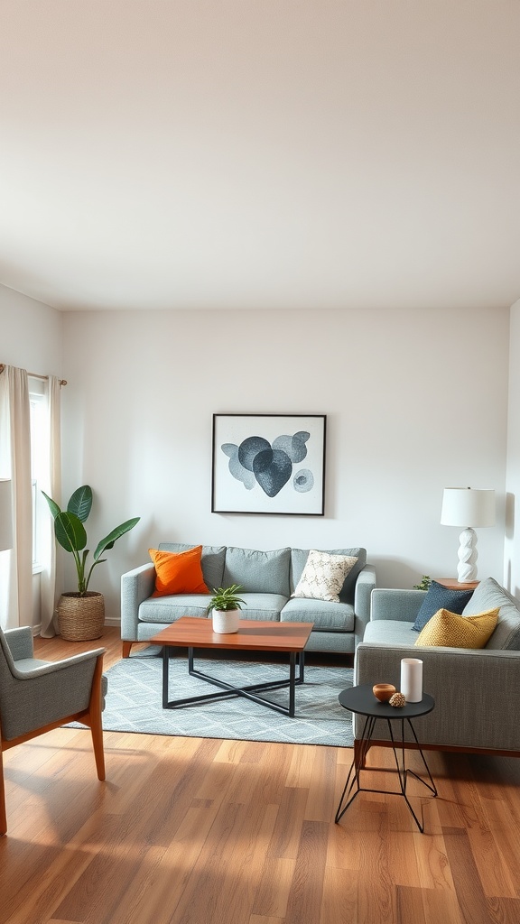 A modern living room arrangement with a sofa, coffee table, armchairs, and decor, showcasing a comfortable and open layout.