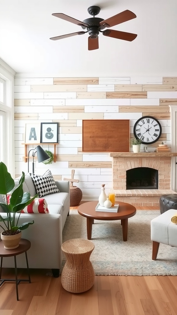 A cozy farmhouse living room with a playful wood panel accent wall, featuring a light sofa and various decorative items.