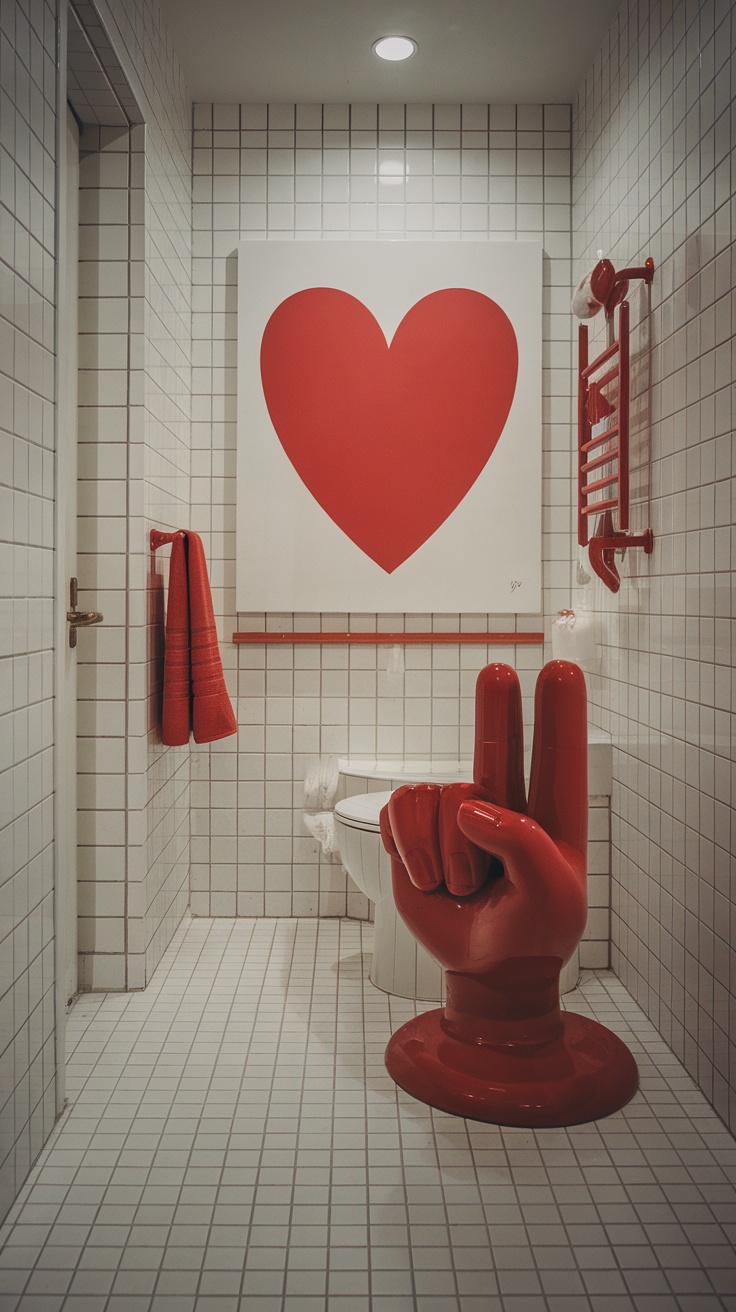 A playful red accented bathroom featuring colorful decor, vibrant lighting, and cheerful accessories.