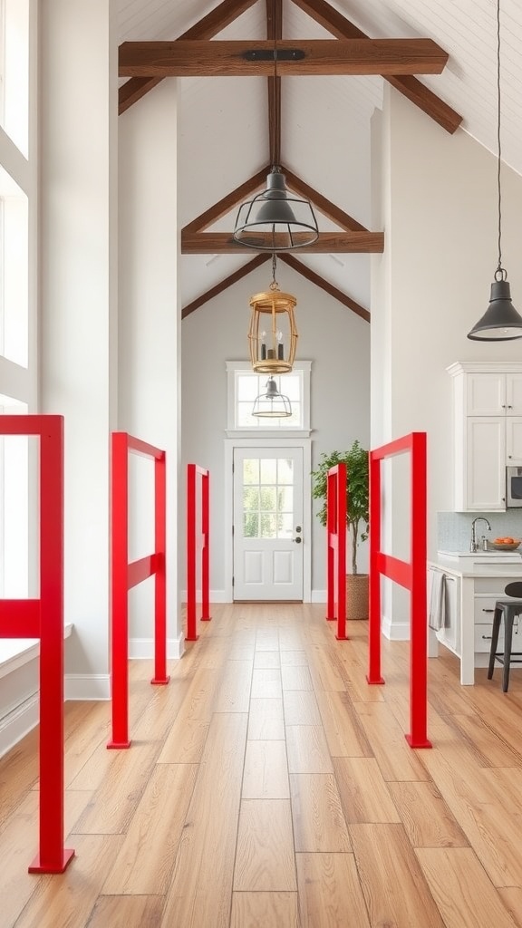 Bright red area dividers in a modern farmhouse hallway