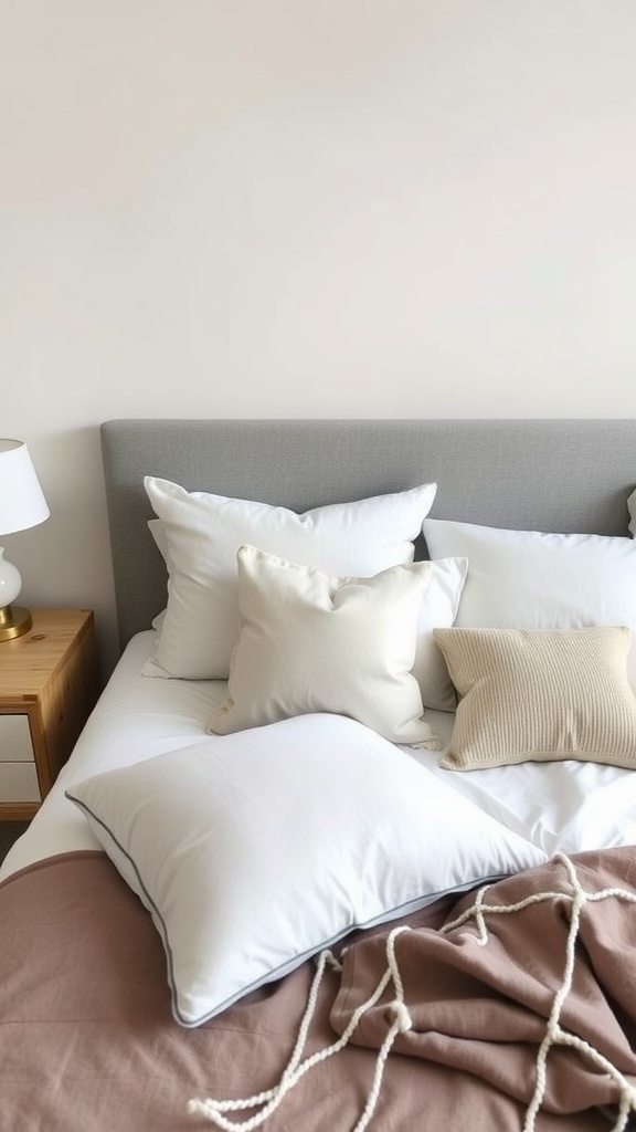 A cozy bed with white accent cushions and a beige textured pillow.