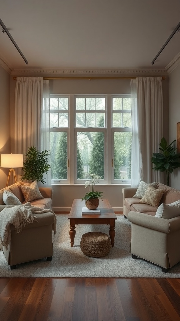 Cozy living room arrangement with two chairs, a coffee table, and natural light.