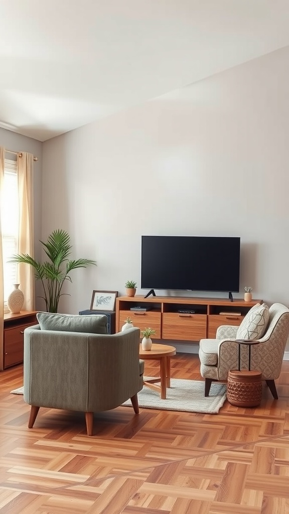 Living room setup with a TV positioned for optimal viewing, featuring comfortable chairs and a cozy arrangement.