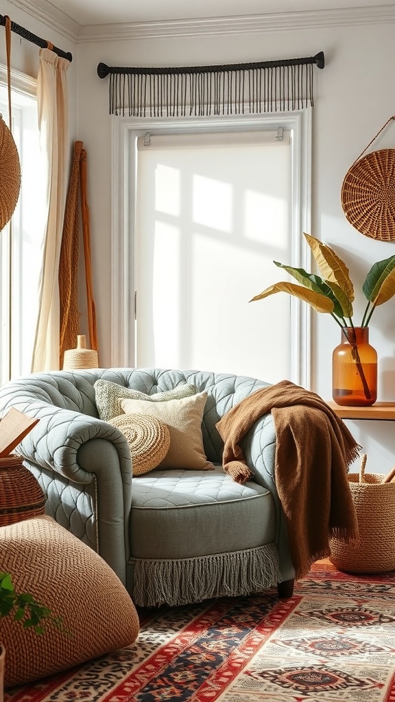 Cozy quilted armchair in a boho living room setting