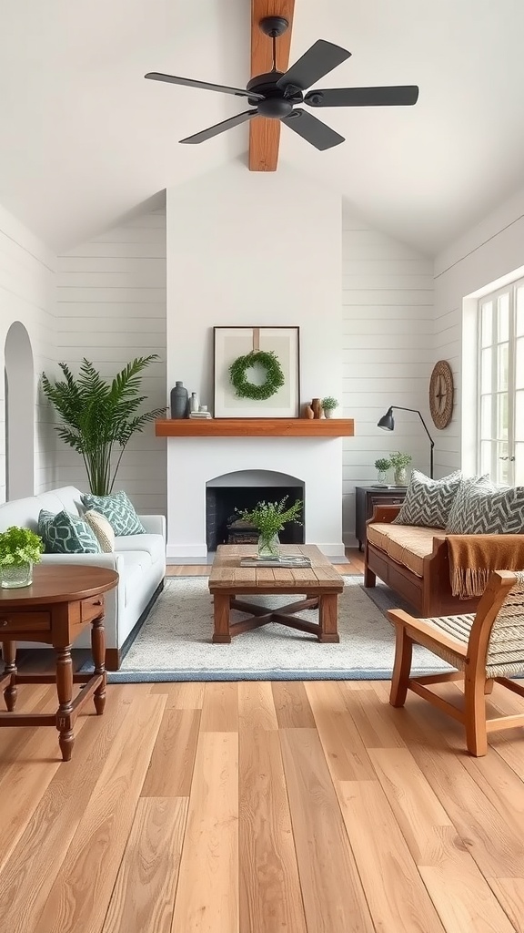 A cozy farmhouse living room featuring reclaimed wood furniture, including a wooden coffee table, side table, and a comfortable sofa with patterned cushions.