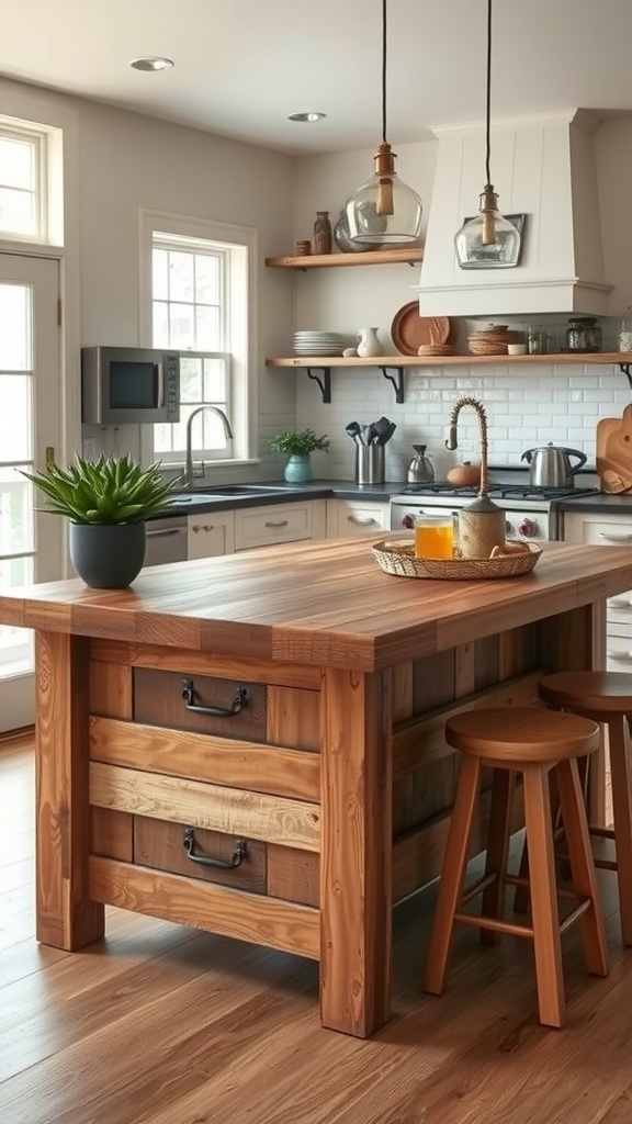 Reclaimed wood kitchen island with seating in a modern farmhouse kitchen