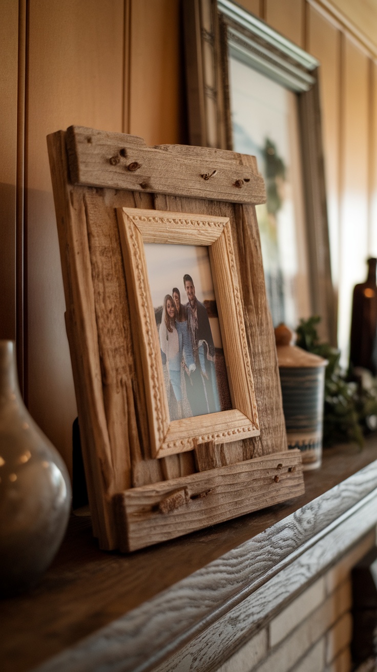 A reclaimed wood picture frame displaying a family photo on a mantel.