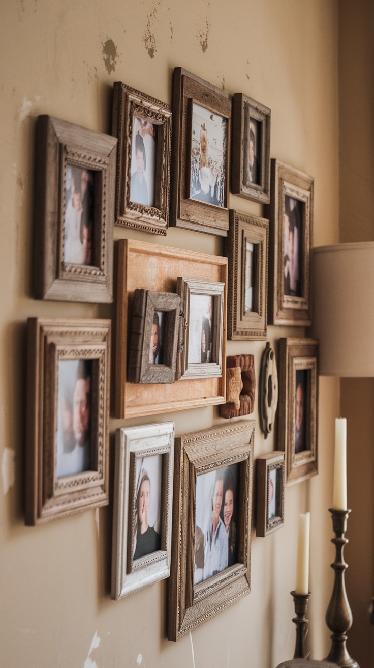 A wall decorated with multiple reclaimed wood picture frames holding black-and-white photographs.