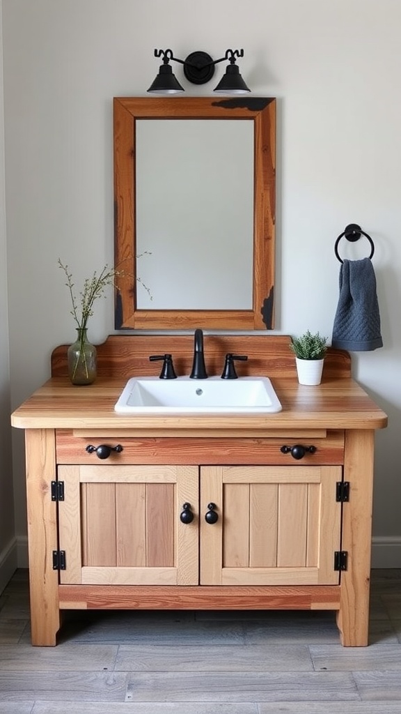 Reclaimed wood vanity with a white sink and black fixtures in a farmhouse bathroom