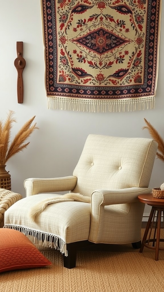 Cozy reclining fabric chair in a boho living room setting