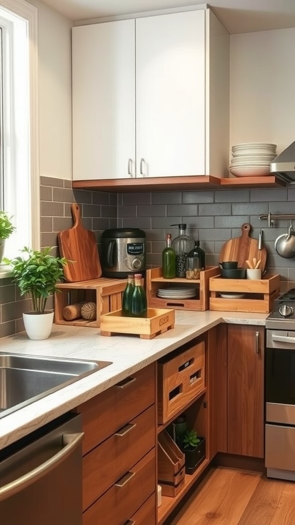A cozy kitchen featuring wooden crates and plants for storage solutions.