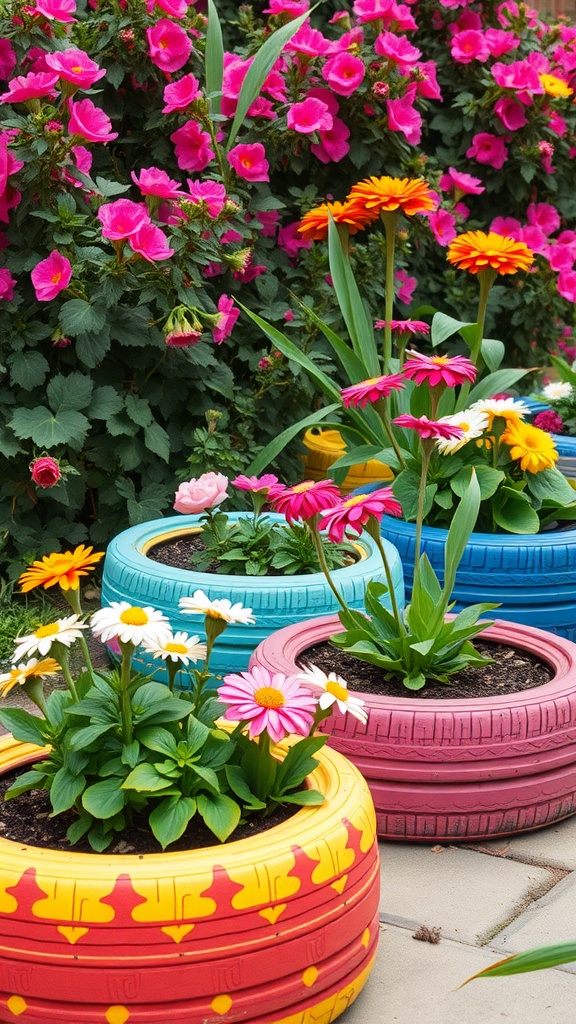 Colorful recycled tire garden planters filled with flowers, surrounded by blooming pink plants.