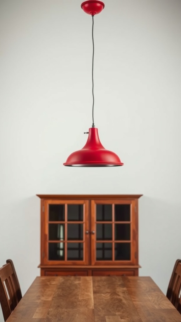 A red pendant light hanging above a wooden dining table with a wooden cabinet in the background.