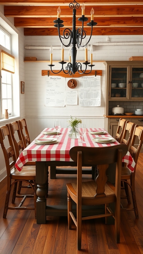 A dining table with a red and white checkered tablecloth, wooden chairs, and a chandelier.