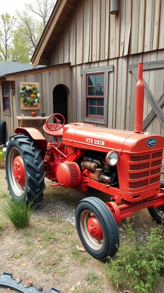 A red antique tractor parked beside a wooden farmhouse, showcasing rustic decor