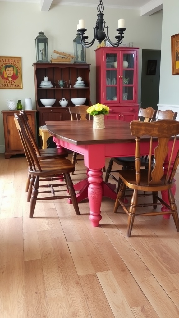 A cozy dining room featuring a red painted table and matching cabinet, surrounded by wooden chairs.