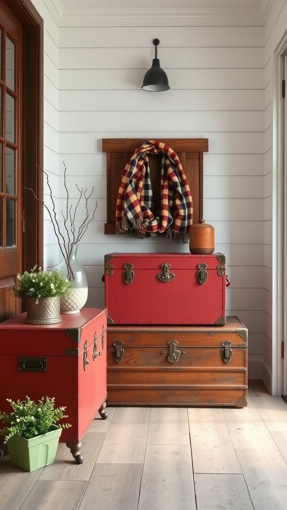 A cozy entryway with stacked red vintage trunks, a plaid scarf, and decorative plants.